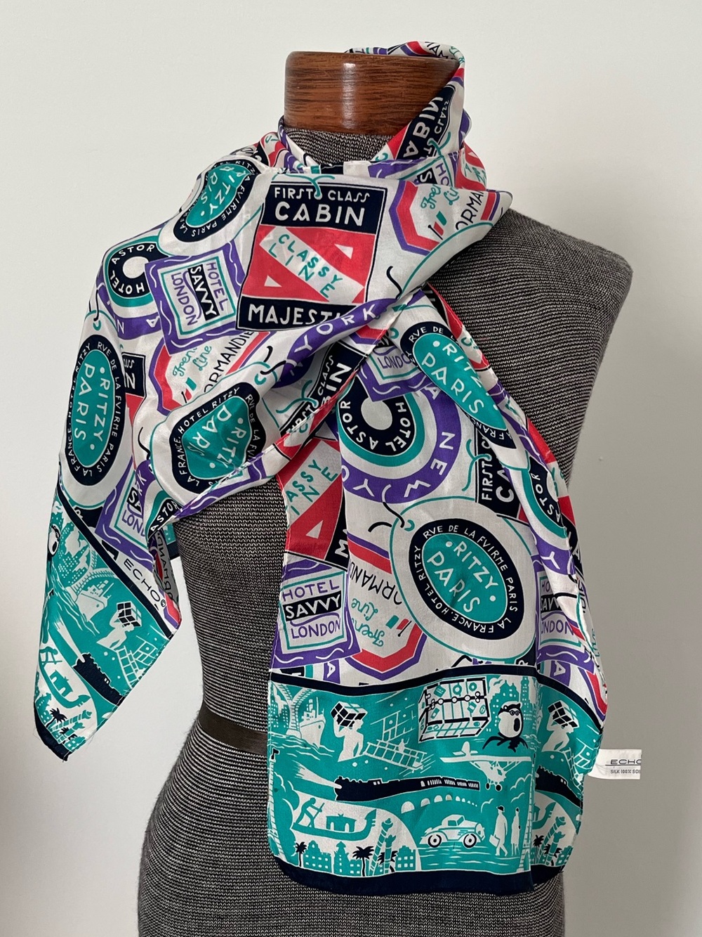 Echo New York 100% Silk Oblong Scarf Paris London NYC Travel Stamp Print